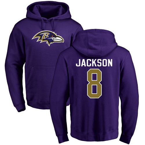 Men Baltimore Ravens Purple Lamar Jackson Name and Number Logo NFL Football 8 Pullover Hoodie Sweatshirt